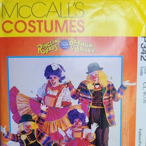 May include: McCall's Costumes pattern featuring Ringling Bros. and Barnum & Bailey clown outfits. The image shows four clown costumes with colorful jackets, dresses, and wigs. The pattern includes sizes CL (6,7,8).