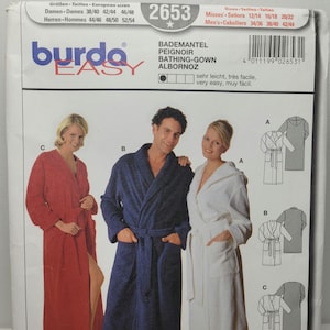 Burda Easy 2653 bathrobe sewing pattern misses 12-22 mens 34-44 shawl collar tie belt PRE-CUT COMPLETE