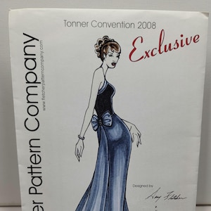 May include: A fashion illustration on paper featuring a figure in a dark blue floor-length gown with a bow at the waist. Text includes Tonner Convention 2008 Exclusive, Fletcher Pattern Company, and a signature by Amy Fletcher on a white background.