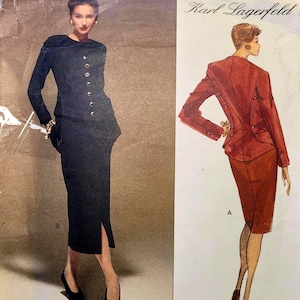 Vogue Paris Original 2584 Karl Lagerfeld, molde de costura para conjunto de jaqueta e saia, alta costura dos anos 90, tamanhos 14, 16 e 18, sem cortes.