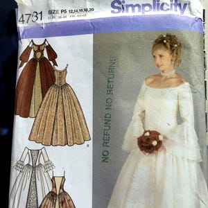 Simplicity 4731 vintage sömnadsmönster medeltida fantasi brudklänning storlek 12 14 16 18 20 oklippt fabriksvikt