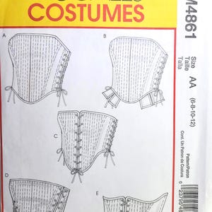 Könnte beinhalten: Ein McCall's Costumes Schnittmuster, M4861, mit detaillierten Illustrationen von Korsett-Designs. Das Muster enthält verschiedene Korsett-Stile mit Schnürdetails und Größeninformationen.