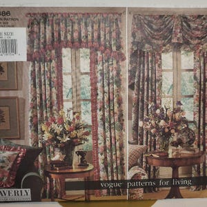 May include: A Vogue Patterns for Living sewing pattern envelope, number 1386, featuring illustrations of floral curtains with valances. The package displays two window treatment styles, a barcode, the text One Size, and the Waverly brand logo.