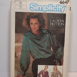 Simplicity 6647 Lauren Hutton Signature draped cowl blouse bishop sleeve Size 10 Uncut Factory Folded