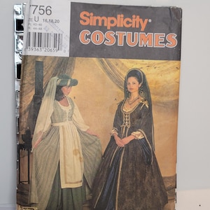 Op de afbeelding: Een Simplicity Costumes naaipatroon-envelop, nummer 756, met illustraties van twee jurken in historische stijl. De omslag toont de tekst Simplicity COSTUMES, maat U 16, 18, 20 en een streepjescode. De afbeelding toont twee verschillende jurkontwerpen.