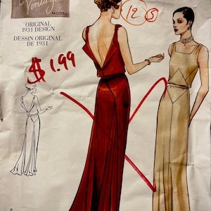 Vogue 2241 Formalna suknia wieczorowa – rozmiar 10 – bez cięć – Vintage 1931 Sukienka z odkrytymi plecami, krojona ukośnie – Gala & Prom Collector OOP