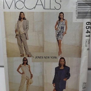 May include: A McCall's sewing pattern envelope 6541, size 6, featuring Jones New York designs. The front displays four garment variations: a light grey suit, a sleeveless floral print dress, a cream vest and trouser set, and a dark blue skirt suit.
