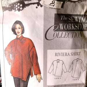 May include: A sewing pattern titled "Riviera Shirt" from The Sewing Workshop Collection. The pattern features an illustration of a woman wearing a red shirt. The pattern includes diagrams for View A and View B.