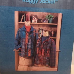 May include: A sewing pattern cover titled FAT QUARTERS & MORE "Raggy Jacket" FC 9152 by Four Corners. The image displays two jackets made from patchwork fabric squares with frayed edges, worn on mannequin torsos in front of a wooden bookshelf.