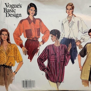 May include: A Vogue Basic Design sewing pattern envelope, number 2735, for sizes 12-14-16. The illustration displays five variations of button-down shirts and blouses in different colors, patterns, and sleeve lengths, including striped, solid, and color-blocked designs.