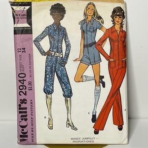 McCalls 2940 Vintage 1971 Jumpsuit Sewing Pattern Mint Precut Complete Size 12 Bust 34 Misses Proportioned 70s Romper