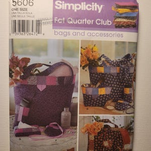 May include: A Simplicity sewing pattern envelope for the Fat Quarter Club bags and accessories, model 5606. The front displays various quilted fabric bags, pouches, and small containers in purple, blue, and floral patterns with visible labels A through G.