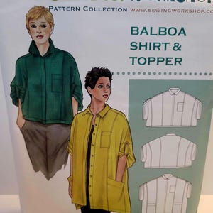 May include: A sewing pattern envelope for the Balboa Shirt & Topper by The Sewing Workshop. The cover features illustrations of a green shirt and a yellow shirt, along with technical line drawings showing the front and back views of the garments.
