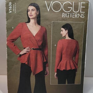May include: A Vogue Patterns sewing pattern envelope V1636, size A5 (6-8-10-12-14), featuring a rust-coloured long-sleeve wrap top with a peplum hem and a black belt. The front view shows a V-neckline, while the back view displays the peplum detail.