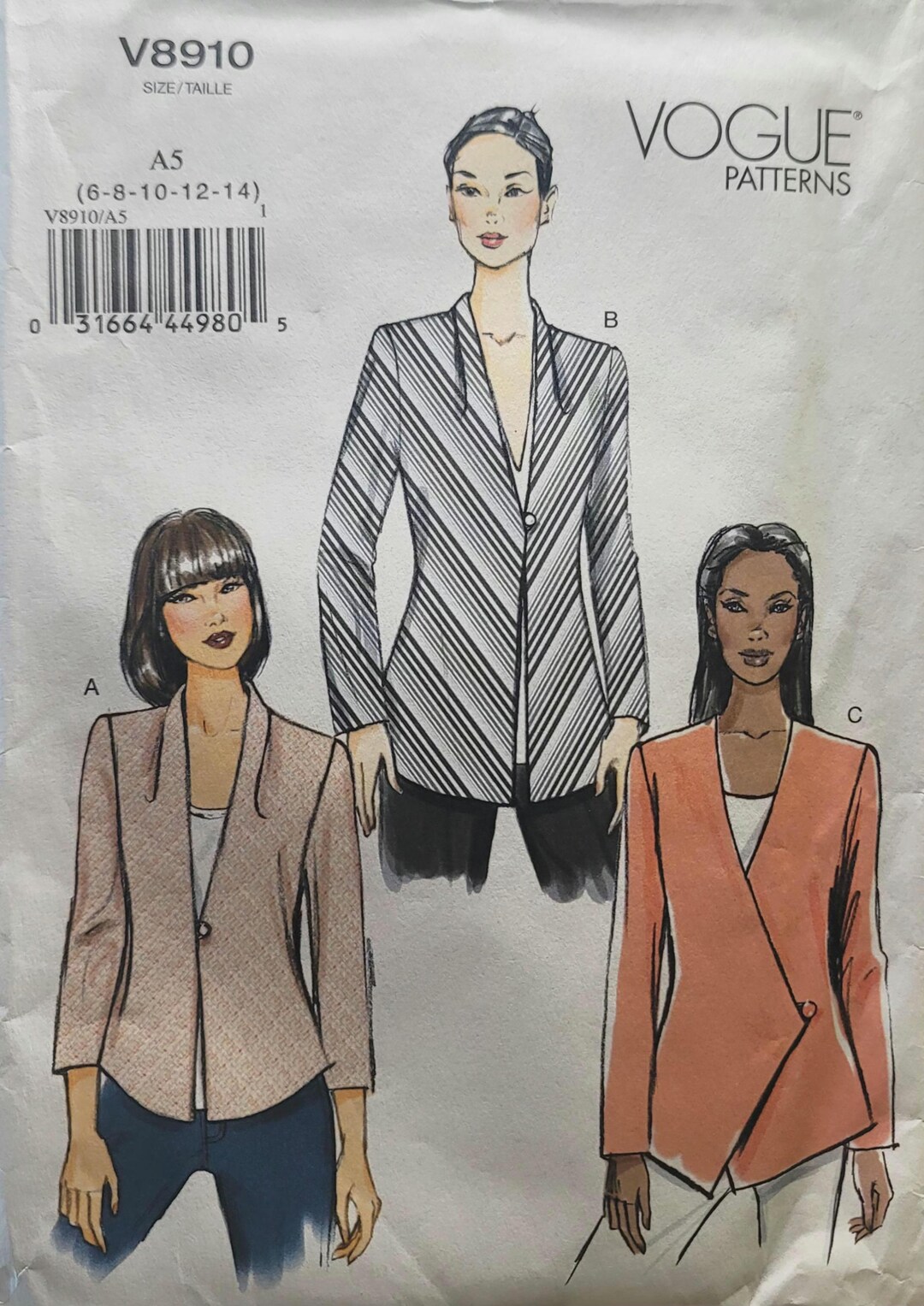 Vintage Vogue V8910 Sewing Pattern – Misses Jacket, 2013, Sizes 6