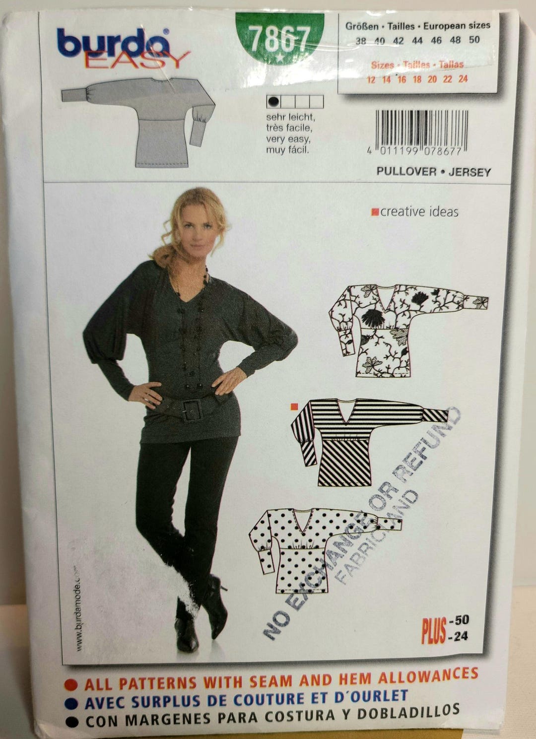 Burda Easy 7867 Vintage Sewing Pattern Dolman Sleeve Jersey Top Plus ...
