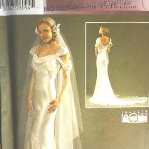 Könnte beinhalten: Simplicity Retro Costume Collection Schnittmuster mit einem weißen Brautkleid und Schleier. Das Schnittmuster enthält die Größen 14, 16, 18 und 20. Das Kleid hat eine figurbetonte Silhouette und eine lange Schleppe.