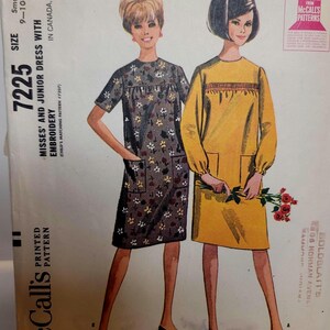McCall's 7225 1960s vintage sewing pattern Misses Junior yoked shift dress embroidery Size 9 10 11 PRE-CUT COMPLETE