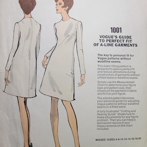 May include: Vintage Vogue sewing pattern guide illustration. The guide shows two drawings of a woman in a white A-line dress. Text on the guide reads "Vogue's Guide to Perfect Fit of A-Line Garments" and includes sizing information.