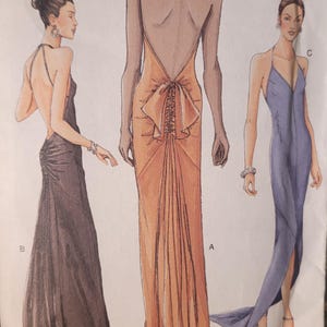 Vogue 7365 Sewing Pattern | Halter Evening Gown with Bow or Godet Detail | Backless V Neck Dress | UNCUT Sizes 6–8–10 | Printed 2000