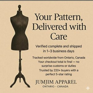 JumJimApparel guarantee card - every sewing pattern checked before shipping, tracked worldwide delivery from Canada