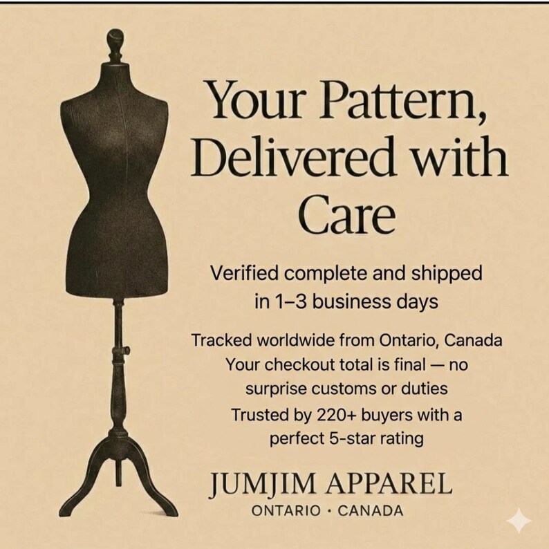 JumJimApparel guarantee card - every sewing pattern checked before shipping, tracked worldwide delivery from Canada