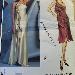 May include: Vogue American Designer sewing pattern V2881 featuring a one-shoulder evening gown with a high slit. The pattern includes a drawing of the dress and the text "NO REFUND NO RETURNS".