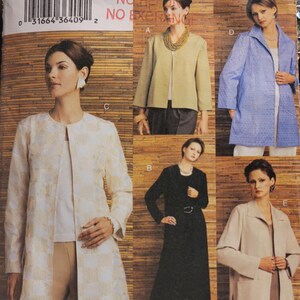 Puede incluir: Patrón de costura Vogue basic design 7714 para chaquetas y abrigos. El patrón incluye tallas 14, 16 y 18. La imagen muestra diferentes estilos de chaquetas en varios colores, incluyendo azul claro, beige y negro.