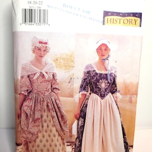 May include: A Butterick 3071 sewing pattern envelope for historical-style dresses in sizes 18-20-22. The cover features two illustrations of dresses with bodices, skirts, and headwear, labeled A and B, with the text Making History visible.