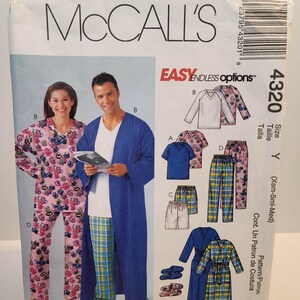 May include: A McCall's 4320 sewing pattern envelope for lounge wear. The front displays illustrations of pyjamas, robes, and shorts in various patterns including pink floral, blue plaid, and solid blue. Text includes McCall's, 4320, and Easy Endless Options.