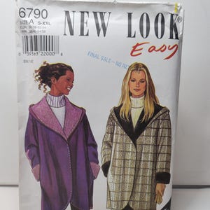 May include: A New Look Easy sewing pattern envelope 6790 for a hooded coat in sizes S-XXL. The cover features illustrations of two coats: one solid purple with a textured lavender lining and one beige plaid with a dark lining, both worn over white turtlenecks.