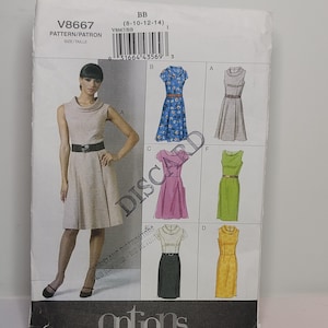 May include: A sewing pattern envelope labelled V8667 BB (8-10-12-14) featuring illustrations of various sleeveless dresses with cowl necklines. The front shows a beige dress with a black belt, while smaller images display blue floral, grey, pink, lime green, and yellow variations.