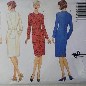 May include: A Butterick sewing pattern envelope for a long-sleeved, knee-length dress in size 14. The illustration displays four views of the dress, including a solid cream version, a red version with a black leaf print, and a solid blue version.