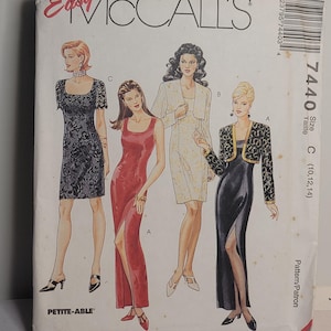 May include: An Easy McCall's 7440 sewing pattern envelope featuring illustrations of four different dress and jacket styles. The designs include a black lace dress, a red sleeveless floor-length dress, a light-coloured dress with a jacket, and a black dress with a patterned jacket.
