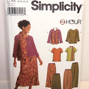 May include: Simplicity sewing pattern 9827. The pattern features a woman wearing a skirt and top with a scarf. The pattern includes options for tops, skirts, and pants. The pattern is labeled "2 Hour".