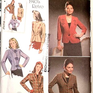 May include: A Simplicity 4081 sewing pattern envelope for 1940s retro style jackets in sizes 16, 18, 20, 22, and 24. The cover displays illustrations and photographs of fitted jackets with various collar styles, button closures, and fabric patterns.