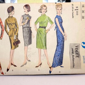 Könnte beinhalten: Ein Vogue 5748 Schnittmusterumschlag mit Illustrationen von fünf verschiedenen Kleiderstilen. Der beige Umschlag zeigt den Text Vogue pattern, young fashionables, size 16, bust 36, hip 38 und $1.00. Die Kleider umfassen lange und knielange Optionen.