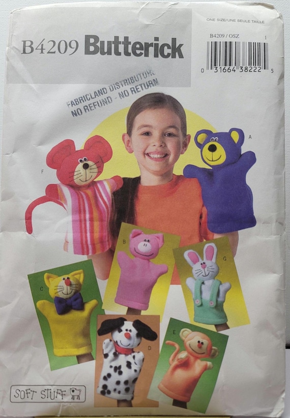 Butterick B4209 vintage hand puppet sewing pattern bear pig cat dog monkey mouse bunny One Size Uncut Factory Folded