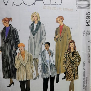 May include: A McCall's sewing pattern featuring illustrations of women's coats and a vest. The coats include a long black faux fur coat, a gray coat with a black collar, a tan coat, and a leopard print coat. The pattern number is 9634.
