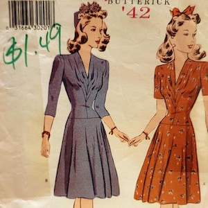 1940s Day Dress Sewing Pattern Butterick 6239 | Retro &#39;42 Shirtwaist Dress Size 14–16–18 UNCUT | Vintage Style Reproduction Pattern UNCUT