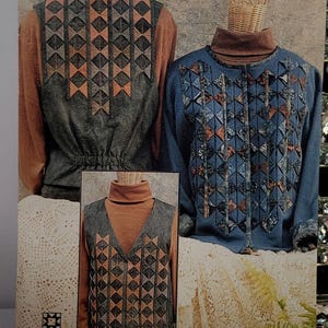 May include: A sewing pattern titled Points on Parade Pat. # 926 Sew Mini Pieces featuring illustrations of a waistcoat and a jacket with quilted diamond patterns. The garments are shown in shades of blue, grey, and orange, worn over brown turtlenecks.