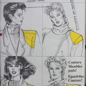 Peut inclure: Un patron de couture Vogue vintage avec des illustrations de mode. Le patron comprend le texte "PAID-PAYE", "THANKS - MERCI", et "NO REFUND OR EXCHANGE". Le patron comprend également le texte "Couture Shoulder pads! Epaulettes Couture!"