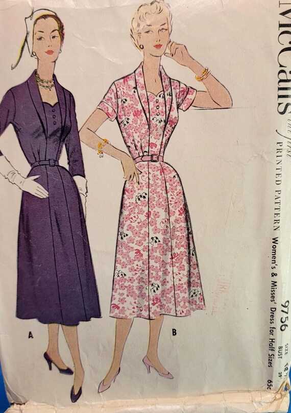 pre cut dress patterns 1950s shirtwaist dress pattern – Vintage McCalls 9756 half size dress, bust  39 PRE-CUT COMPLETE