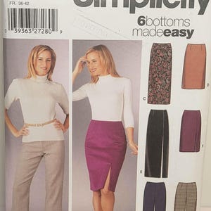 Peut inclure: Une pochette de patron de couture Simplicity 5259 pour six bas différents, incluant jupes et pantalons. Le devant présente des illustrations de divers styles étiquetés A à F, avec la taille KK 8, 10, 12, 14 et le texte 6 bottoms made easy.