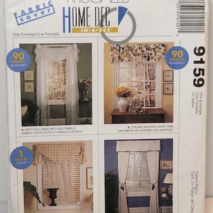 May include: McCall's Home Dec sewing pattern envelope 9159 featuring four window treatment designs: a soft fold swag with side panels, a crown valance with trim, a triangle valance, and an easy pleat valance with side panels, all displayed in photos.