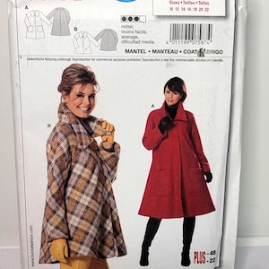 May include: A Burda 7587 sewing pattern envelope for a coat. The front displays two coat styles: one in a brown and white plaid fabric and another in solid red. Text includes Burda 7587, European sizes 36-48, and US sizes 10-22.