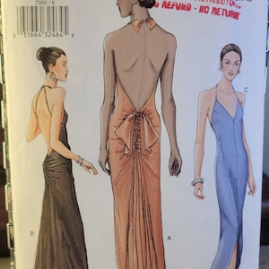 Vogue 7365 Sewing Pattern | Halter Evening Gown with Bow or Godet Detail | Backless V Neck Dress | UNCUT Sizes 6–8–10 | Printed 2000