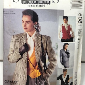 May include: A Sew News The Fashion Collection from McCall's sewing pattern envelope 5081, size B (8, 10, 12). The front displays illustrations of a plaid blazer, a red vest, a grey jacket, and a black jacket with white lapels, showcasing various styles.
