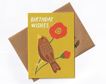 Souhaits D'anniversaire Carte Anniversaire Oiseau Illustration Florale Nature