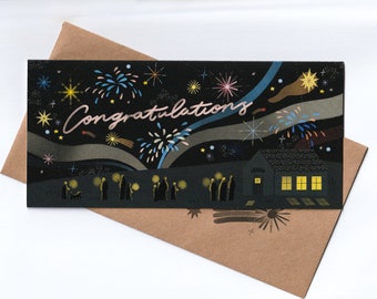 Congratulations wintery fireworks celebration card winter wedding